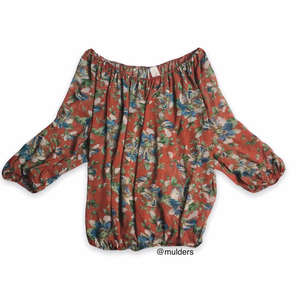 Bubble B Orange Floral Print Sheer Blouse Top 1XL